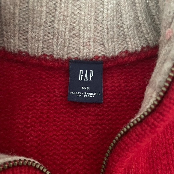 GAP 100% Lambswool Nordic Fair Isle 1/4 Zip Sweater Red Cream Mens M - Picture 2 of 8